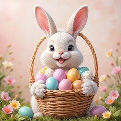 An animated bunny holds a filled basket of pastel Easter eggs, radiating joy and charm, suitable for children's stories, holiday marketing, or festive decoration.