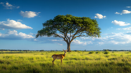 Naklejka premium Deer by a Tree at Sunrise – Wildlife Nature Illustration