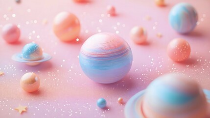 Pastel planets on a glittery pink background. Aesthetic, girly, concept.
