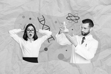Creative photo banner template laboratory concept collage of two young scientists hold tube explore...
