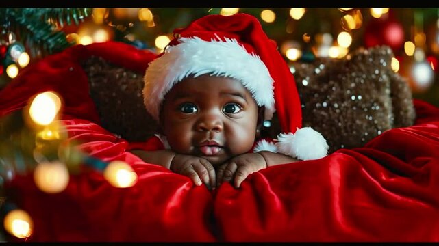 Portrait of cute baby Santa Claus in red traditional costume