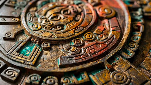 A close-up view reveals an ornate carved piece featuring ancient designs and vibrant colors, highlighting skilled craftsmanship and cultural significance.