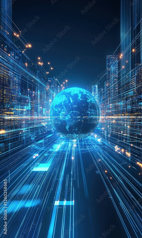 Poster digital globe in futuristic city with fast data streams
