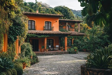 Obraz premium Orange house with lush greenery