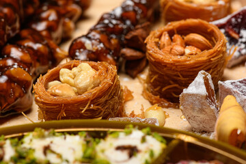 Sweet food Turkish delight on wooden background, assorted locum and candy for decorated backdrop