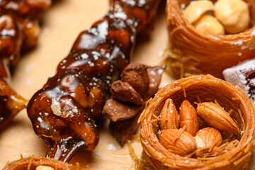 Sweet food Turkish delight on wooden background, assorted locum and candy for decorated backdrop