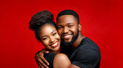Obraz premium Smiling African-American couple embracing against a bold red background, symbolizing love and happiness. Valentines day concept