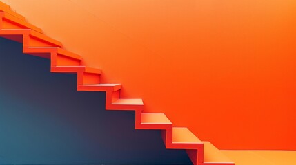 Fototapeta premium A modern, geometric staircase with a bold orange hue contrasts against a deep dark background, creating a striking architectural design. AI generated.