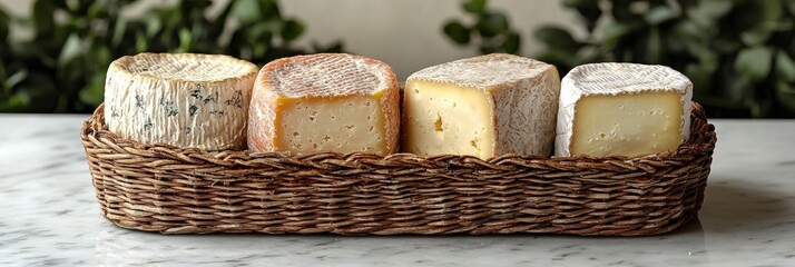 A premium basket filled with delightful cheeses showcases the artistry and appeal of gourmet food, inviting a sensory experience of taste and aroma.
