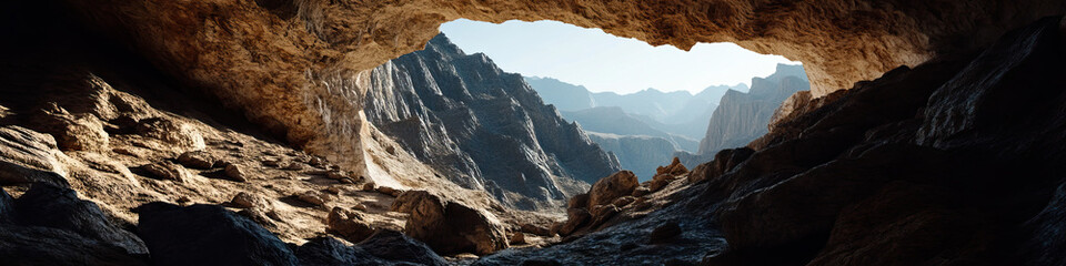 Cave Entrance with Mountain Landscape View
