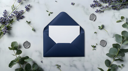 Top-view, flat-lay mockup of a blank, white wedding invitation card with a navy blue envelope
