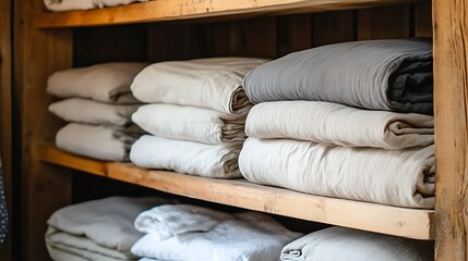 Freshly laundered bedsheets and pillowcases stacked neatly on a wooden shelf