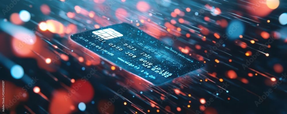 Poster virtual credit card floating in cyberspace with encrypted payment security