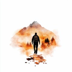 A lone hiker walks towards a misty mountain surrounded by warm, earthy colors, evoking a sense of adventure and exploration in nature.