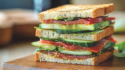 Savor the freshness of a cucumber-adorned sandwich, a perfect work snack. Festive embellishments add visual appeal, while the crisp cucumber provides a refreshing complement to the savory flavors. 