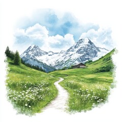 A serene landscape featuring snow-capped mountains, lush green meadows, and a winding path, evoking a sense of tranquility and natural beauty.
