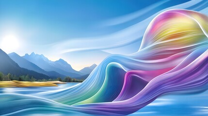 Abstract Colorful Waves over Mountain Lake - Abstract art