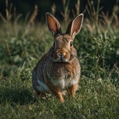 Fototapeta premium Photograph a rabbit nibbling on grass. A rabbit in a quaint, small cage in a peaceful meadow filled with vibrant wildflowers.