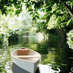 A serene wooden boat floats on calm waters, surrounded by lush green foliage, creating a peaceful natural setting.