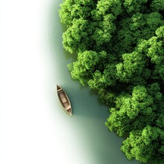 A serene aerial view of a small boat surrounded by lush greenery, reflecting tranquility on calm waters.