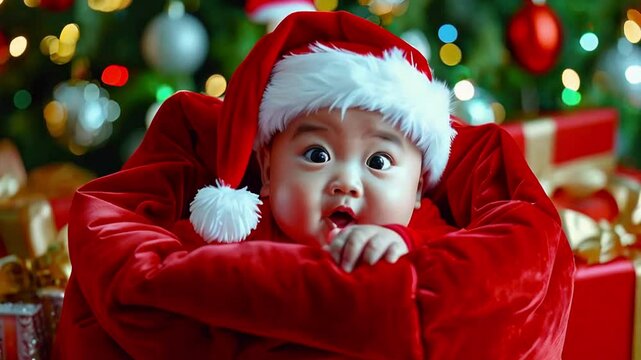 Portrait of cute baby Santa Claus in red traditional costume