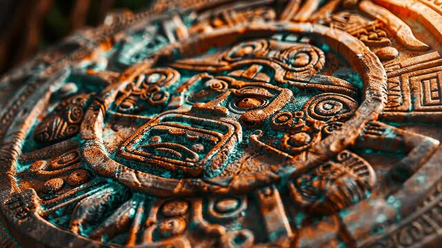 An elaborately carved stone artifact showcases detailed designs representing an ancient civilization, highlighted by subtle sunlight filtering through surrounding foliage.