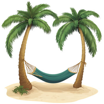 A beach hammock between two palm trees, Isolated on transparent or white background cut out, Travel and Adventure clip art concept