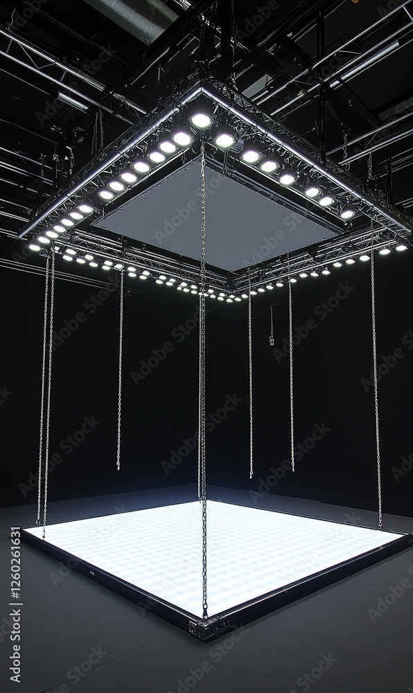 Poster empty illuminated square stage with hanging chains in dark studio, ideal for product displays