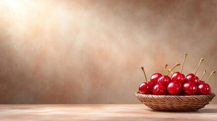  a basket of cherries sitting on top of a wooden table The cherries are a deep red color and look ripe and juicy The basket is woven with a light brown color and h