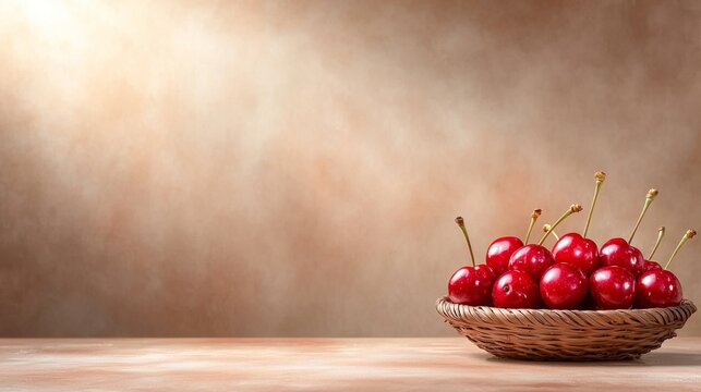  a basket of cherries sitting on top of a wooden table The cherries are a deep red color and look ripe and juicy The basket is woven with a light brown color and h