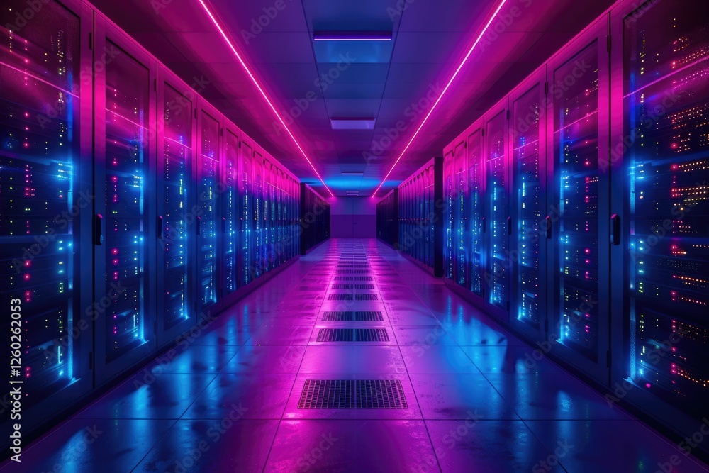 Poster neon-lit server room corridor showcasing rows of high-tech data storage racks.