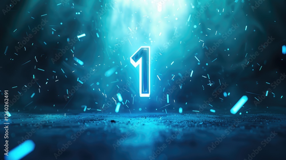Poster glowing blue number one with particle effects on dark background