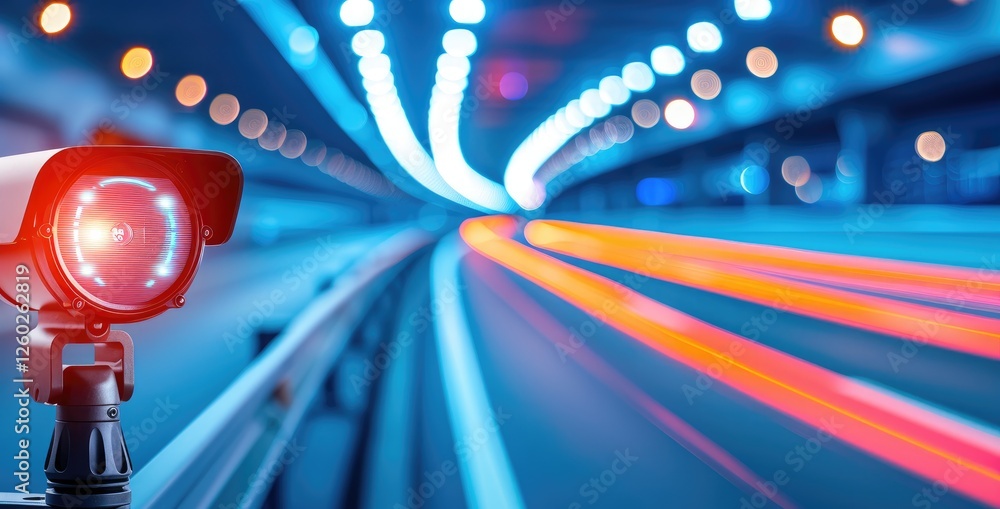 Aufkleber a camera captures dynamic light trails in a vibrant tunnel, showcasing a blend of technology and mot