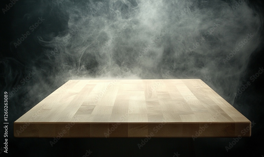 Poster empty wooden table with smoke background for product display