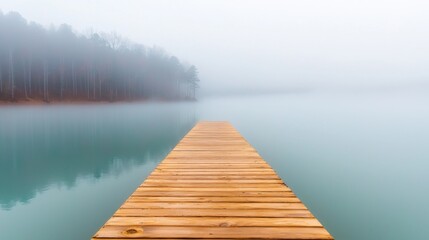 Naklejka premium a wooden dock in the middle of a lake, surrounded by trees and shrouded in a thick fog The sky is visible in the background, creating a peaceful atmosphere