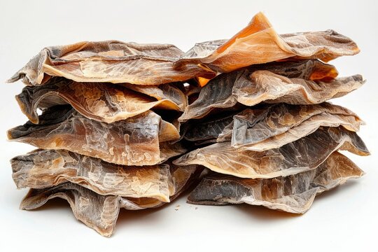 A stack of dried, flaky fish, possibly cod or similar, showing various shades of brown and beige.