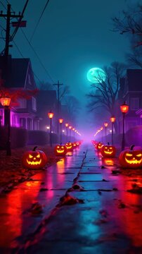 Spooky Halloween pumpkins on the street with a creepy yet fun atmosphere, concept of holiday decor and festive events

