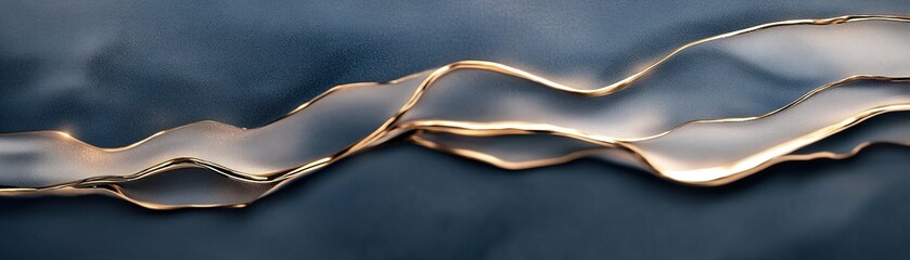 A minimalist Nordic seascape features soft, flowing gold liquid waves against a rich deep blue velvet backdrop. Ethereal lighting creates an atmosphere of luxury and tranquility