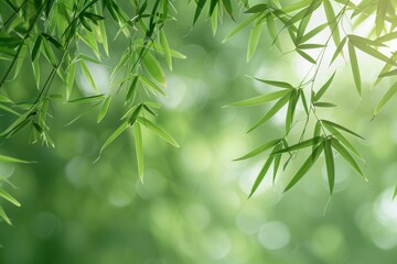 Naklejka premium Lush green bamboo leaves gently sway in the soft sunlight, creating a serene and peaceful atmosphere.