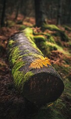 Obraz premium Fallen mossy log with autumn leaf in serene forest