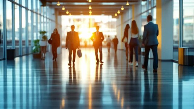 Business Professionals in Hallway: A group of diverse business professionals traverse a bright, modern hallway bathed in the warm, inviting glow of sunlight.