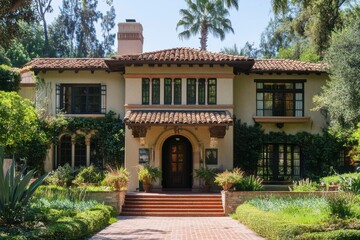 Fototapeta premium Mediterranean-style house, terracotta roof, lush greenery
