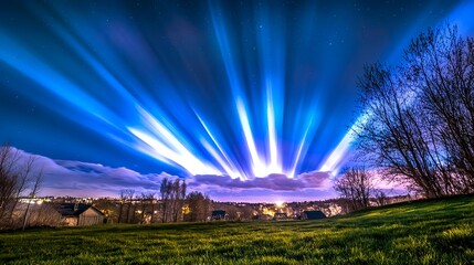Magical Night Sky Beams over Green Field - Mystical/Fantasy