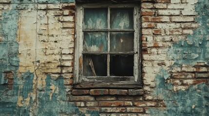 Broken window in dilapidated brick building
