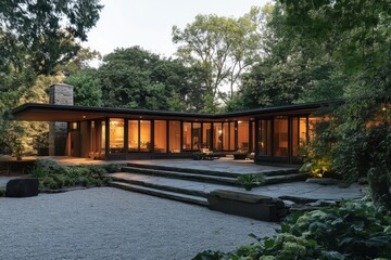 Modern home nestled in lush greenery.