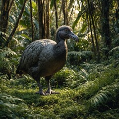 Obraz premium A Black Extinct Bird Posing in a Lush Tropical Forest A Black And Yellow Bird Standing In A Tropical Forest Dodo bird in its natural environment. Generative AI
