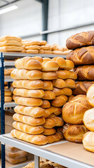 Bakery aisle with stacked loaves of bread. Use in food/bakery catalog
