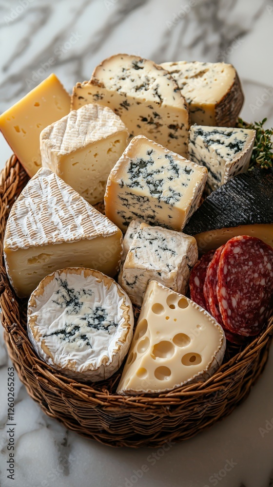 Poster a sumptuous display of assorted cheeses alongside slices of salami and herbs, creating an inviting a