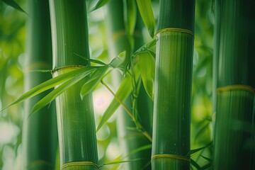 Lush green bamboo stalks and leaves in a serene forest setting.
