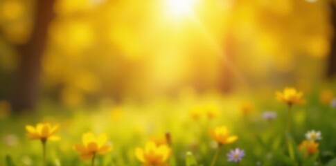 Blurred sunlit yellow bokeh, vibrant spring/summer feel, golden, fresh, floral